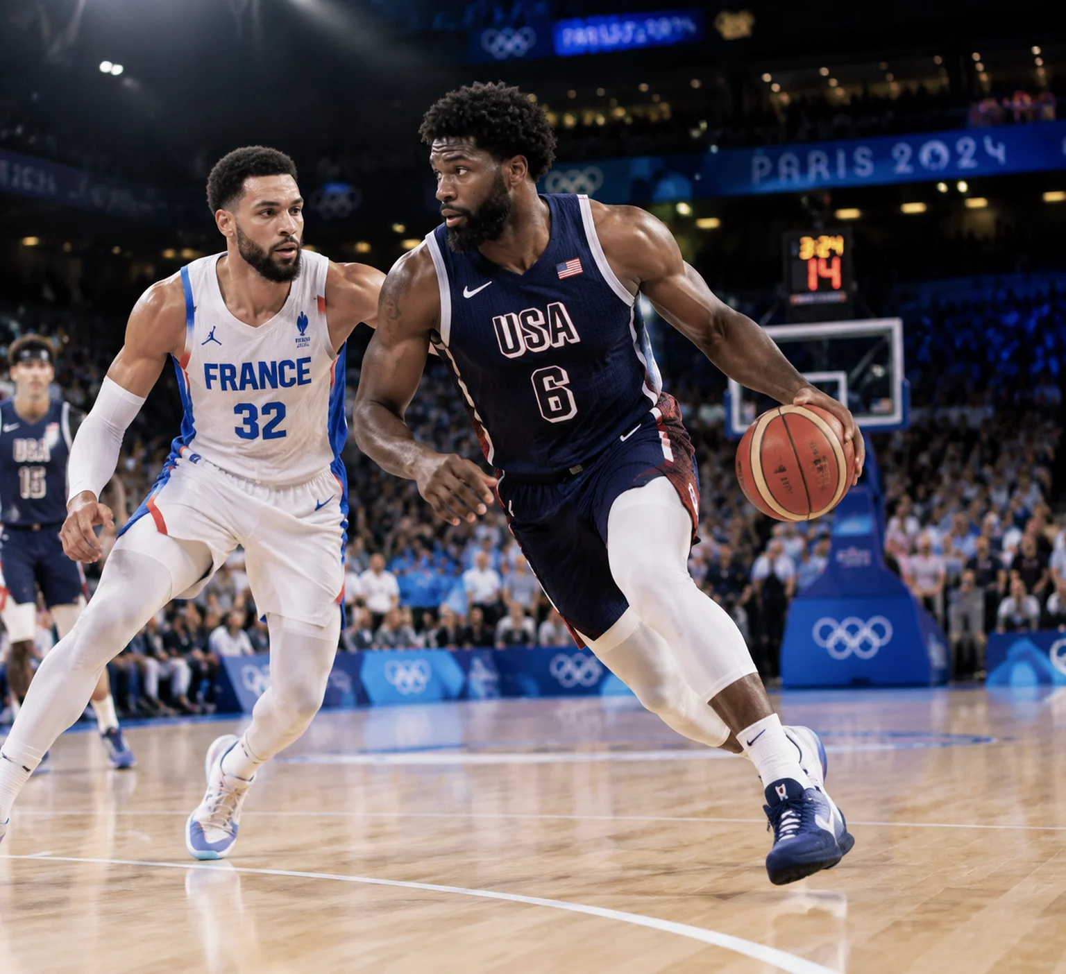 Ambiance spectaculaire d'un match de basket international à Paris